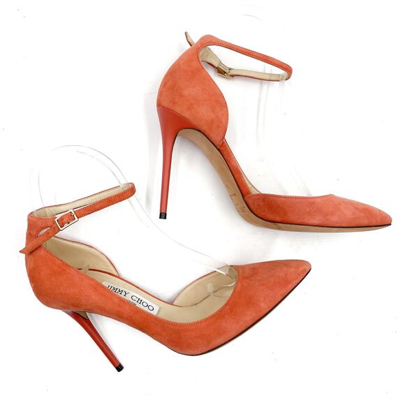 Jimmy Choo Lucy Pumps Peach Orange Suede Pointed Toe Ankle Strap Heels Sz 36 / 6 - Picture 3 of 9